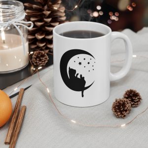 Silhouette of Cat Sitting on the Moon - White Ceramic Mug, 11oz