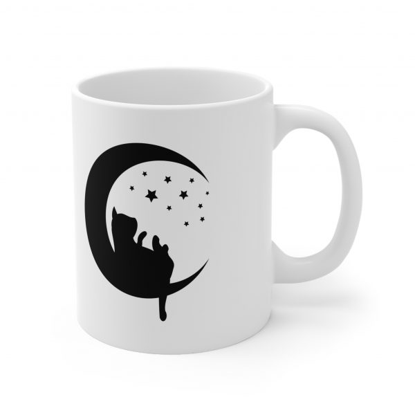 Silhouette of Cat Sitting on the Moon - White Ceramic Mug, 11oz - Image 3