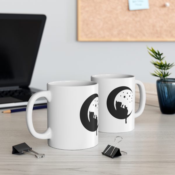 Silhouette of Cat Sitting on the Moon - White Ceramic Mug, 11oz - Image 4