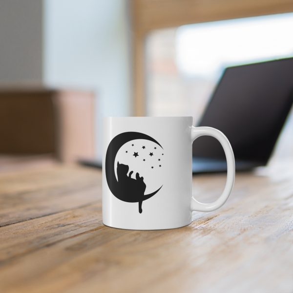 Silhouette of Cat Sitting on the Moon - White Ceramic Mug, 11oz - Image 5