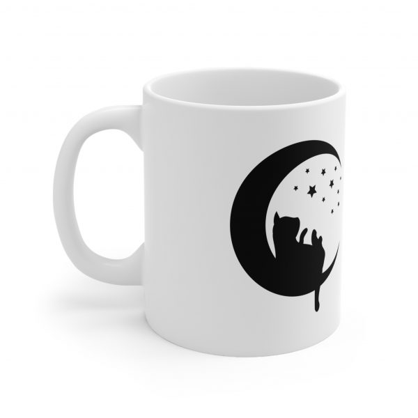 Silhouette of Cat Sitting on the Moon - White Ceramic Mug, 11oz - Image 2